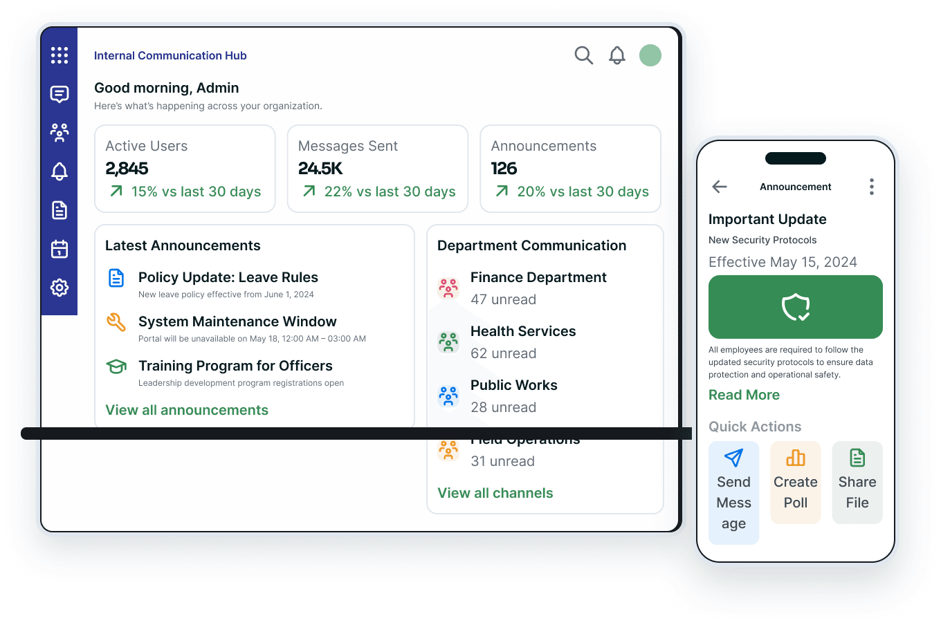 One departmental announcement fanning out to office staff, field teams and district branches across app, email and SMS.