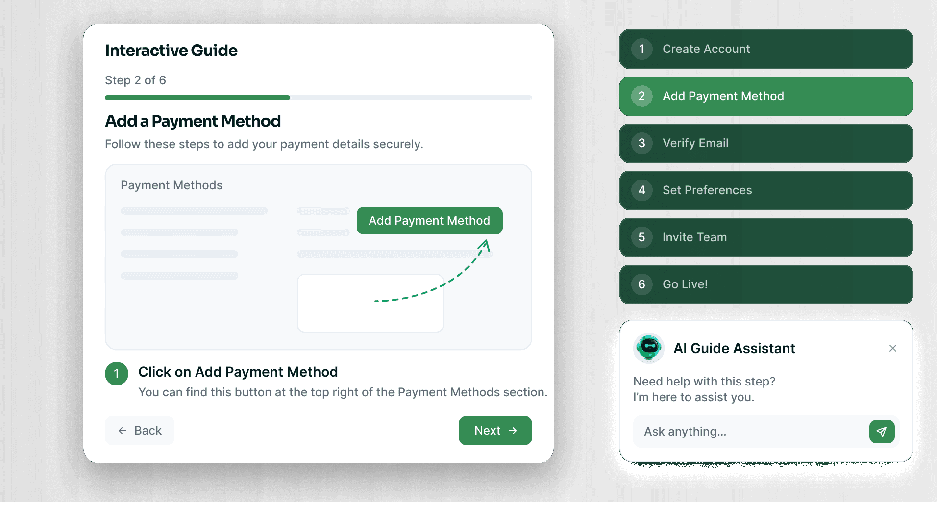 Interactive guide overlay walking a customer through a product task
