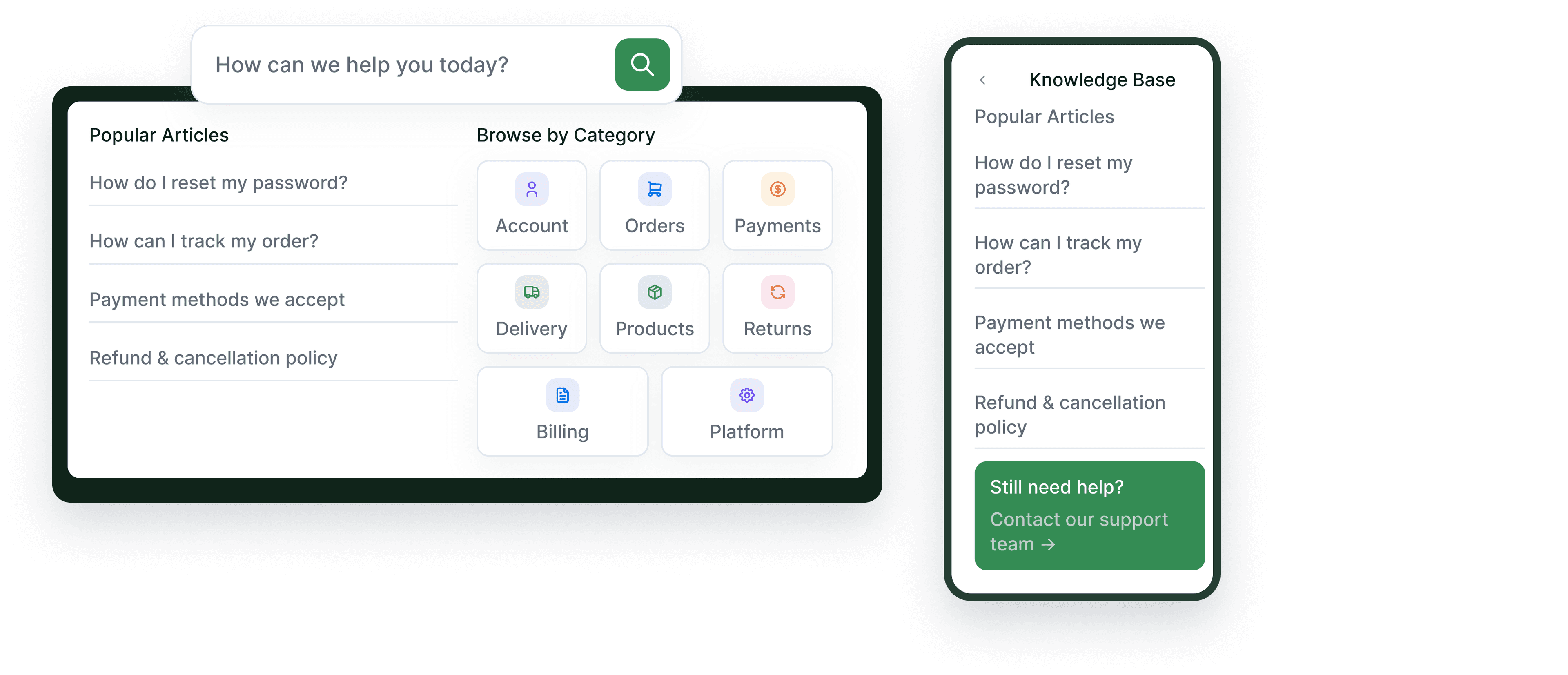 Popular articles and category browsing on desktop and mobile