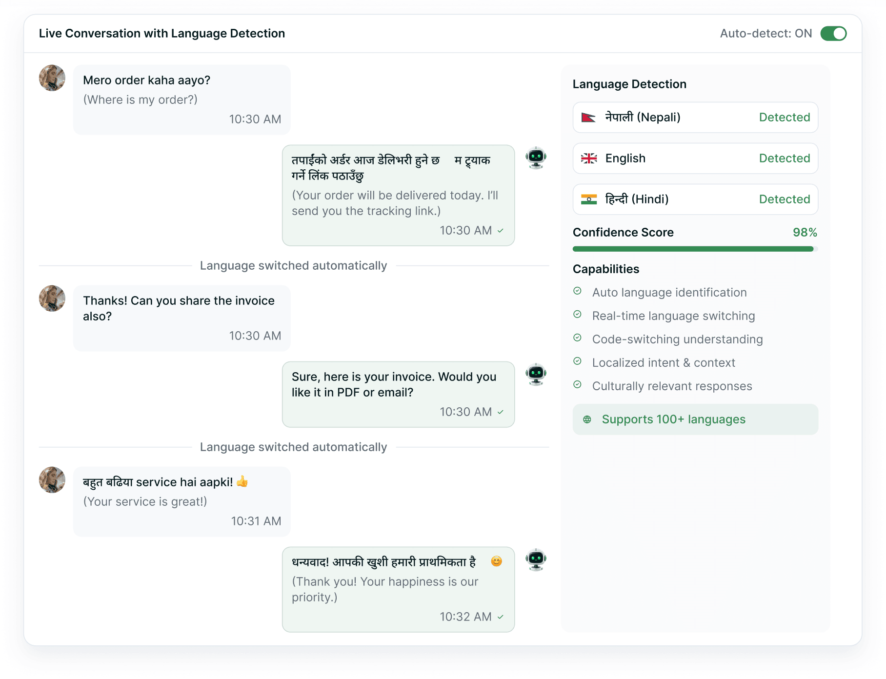 A live WhatsApp conversation switching between Nepali, English and Hindi beside the language-detection sidebar showing each detected language and a 98% confidence score.