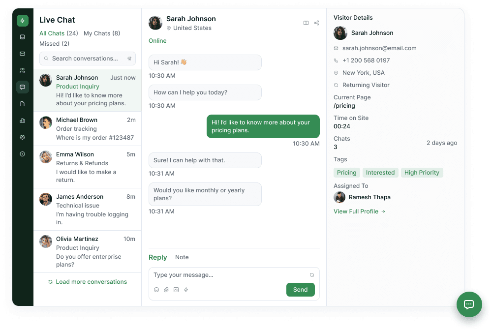 Live chat workspace with an active conversation and the visitor profile beside it