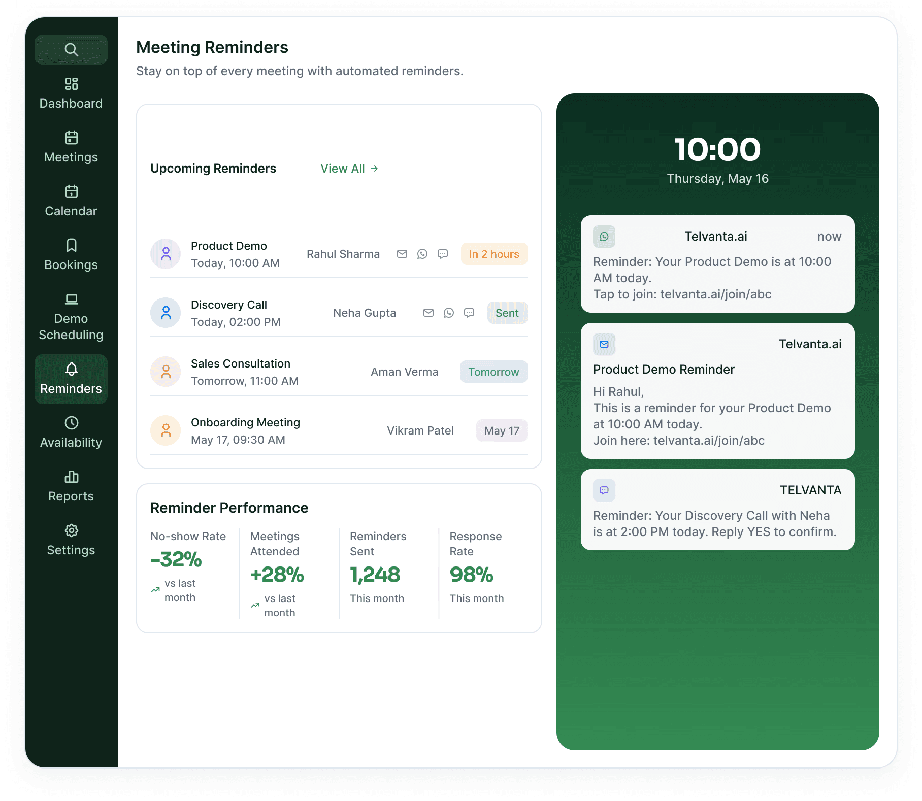 Reminders workspace listing upcoming reminders and their performance beside a phone showing the sent notifications