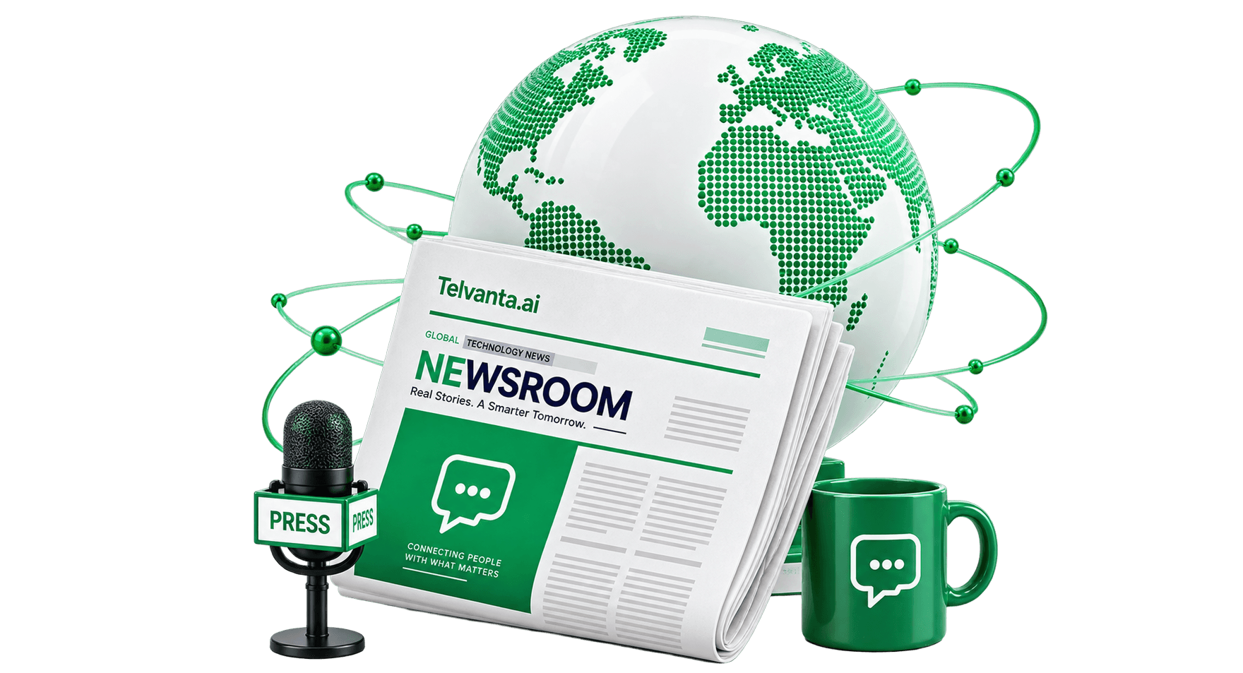 A green dotted globe circled by orbit rings behind a folded Telvanta.ai newspaper headlined NEWSROOM, with a PRESS microphone on its left and a green mug on its right.