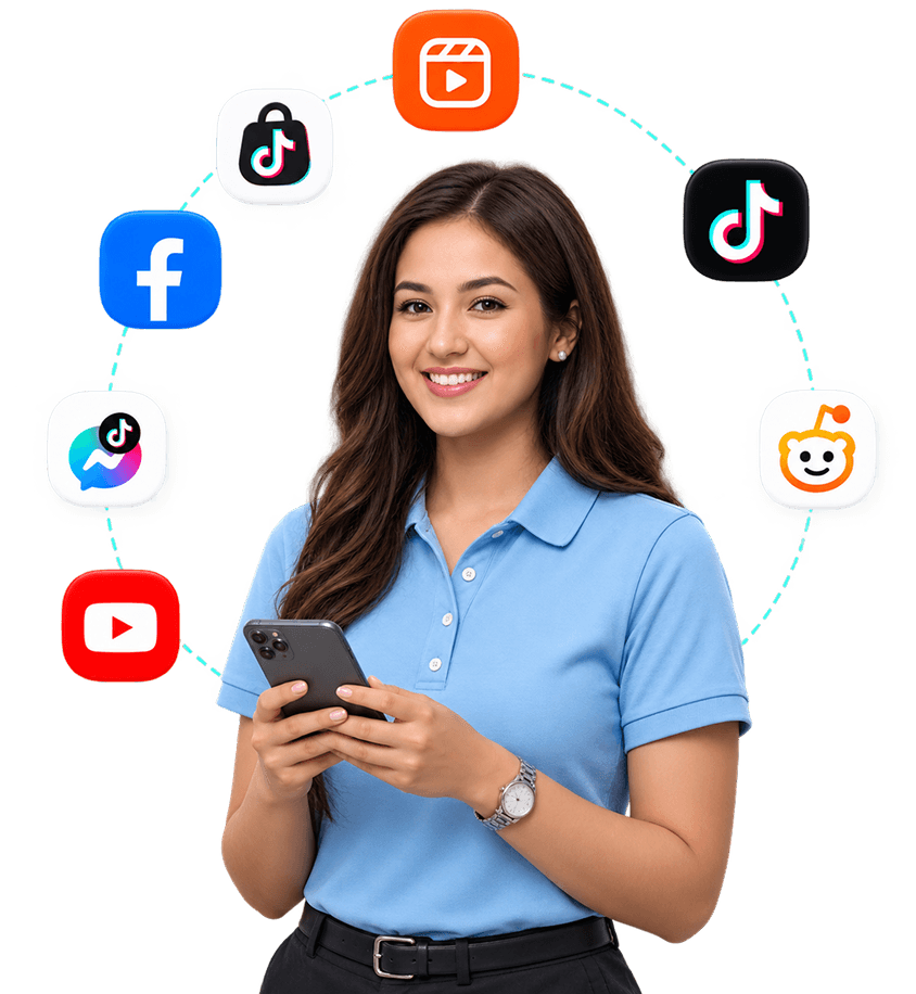 An agent replying on her phone, ringed by the Instagram, TikTok, Facebook, YouTube and Reddit marks.