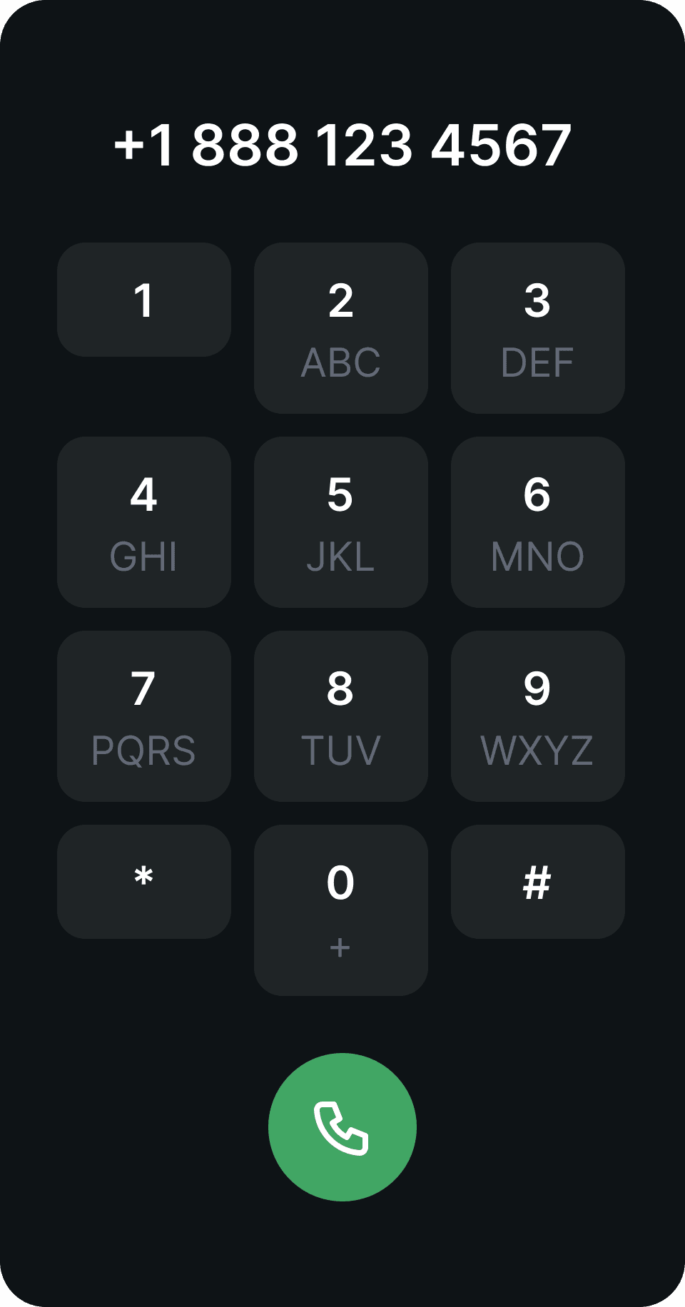 The dialpad, its keys under the dialled number and the green call button below them.