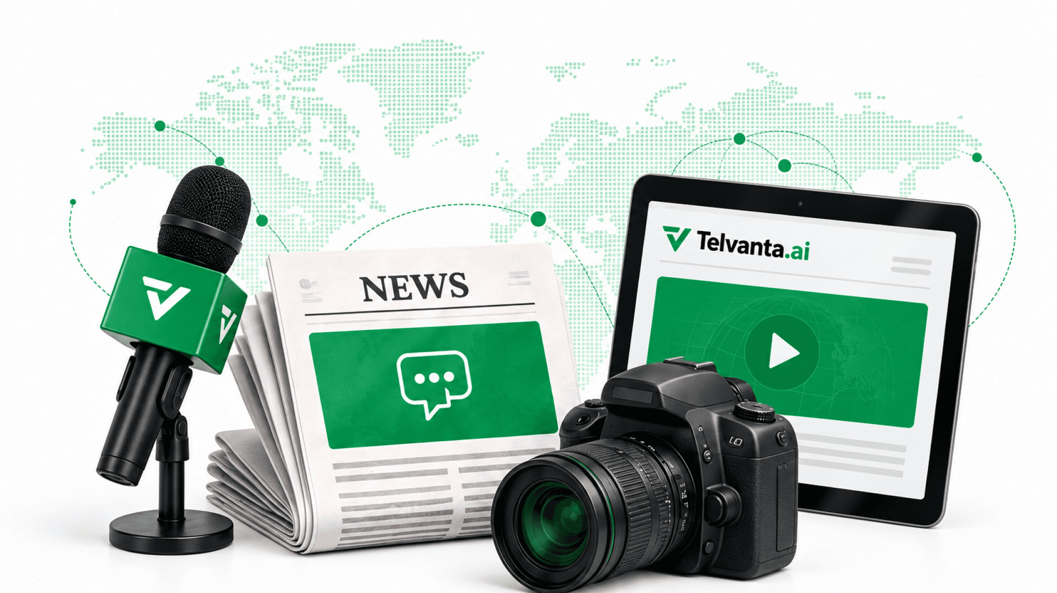 A studio still of press tools arranged against a dotted green world map — a green Telvanta-branded microphone on a stand, a folded newspaper headed NEWS carrying a green panel with a white chat bubble, a black DSLR camera, and a tablet showing the Telvanta.ai site with a green video player.