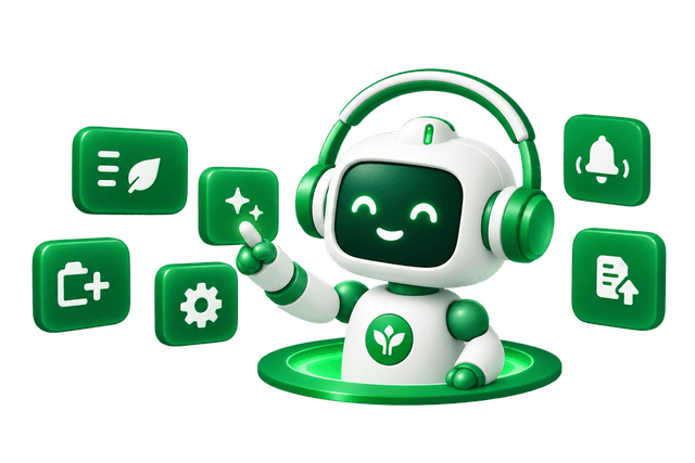 Telvanta robot rising from a green portal surrounded by workflow, settings and notification tiles