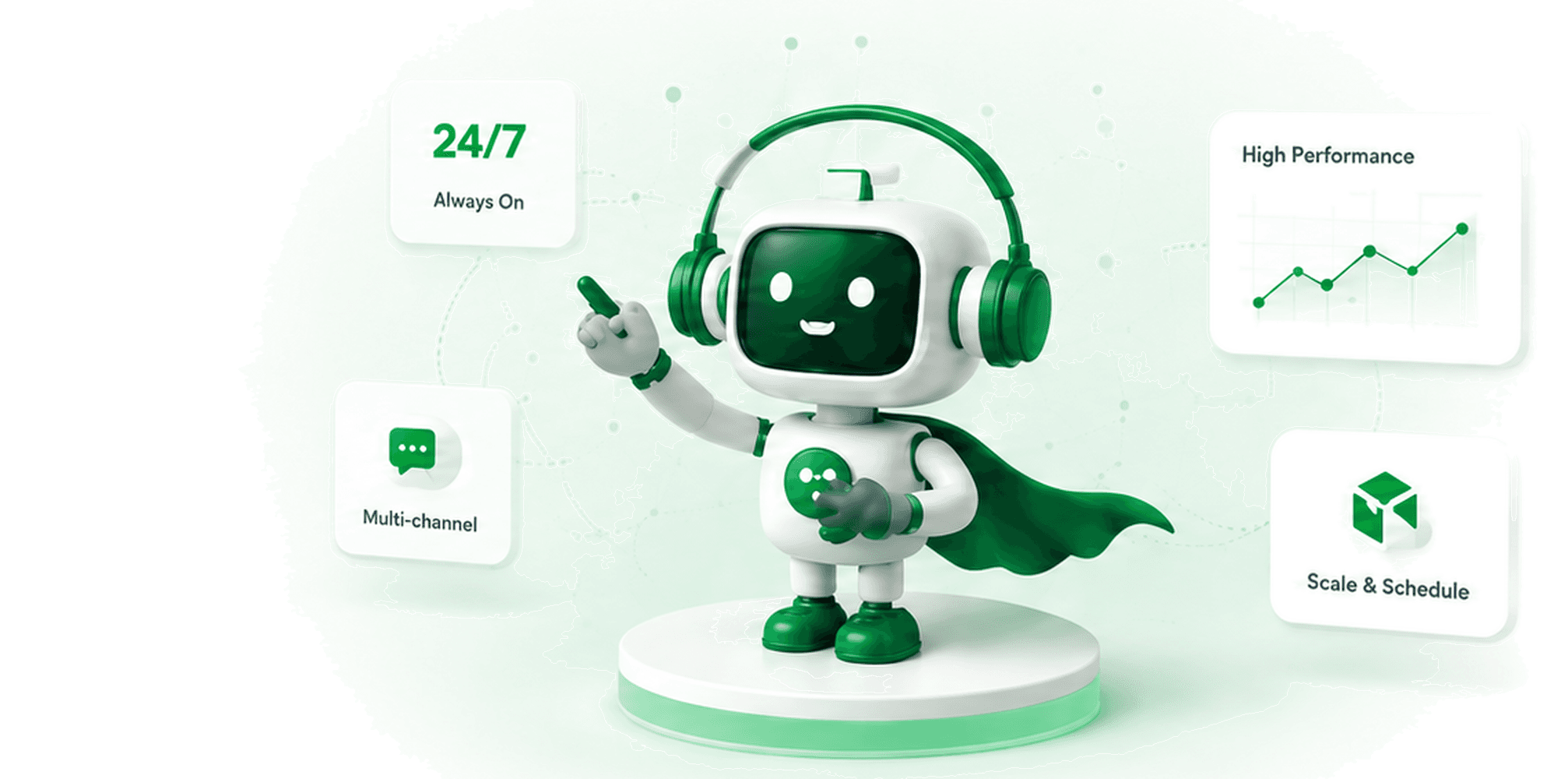 Telvanta robot mascot in headphones and a green cape on a glowing podium, pointing at floating cards for 24/7 Always On, High Performance, Multi-channel and Scale & Schedule