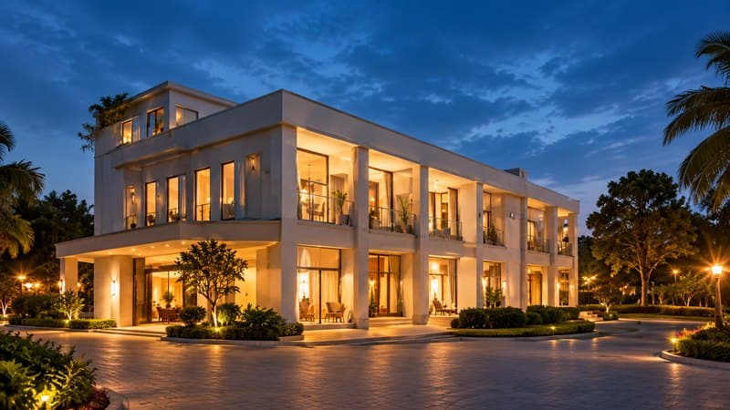 Modern hotel building lit up at dusk
