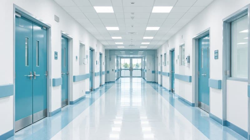Bright hospital corridor with teal doors