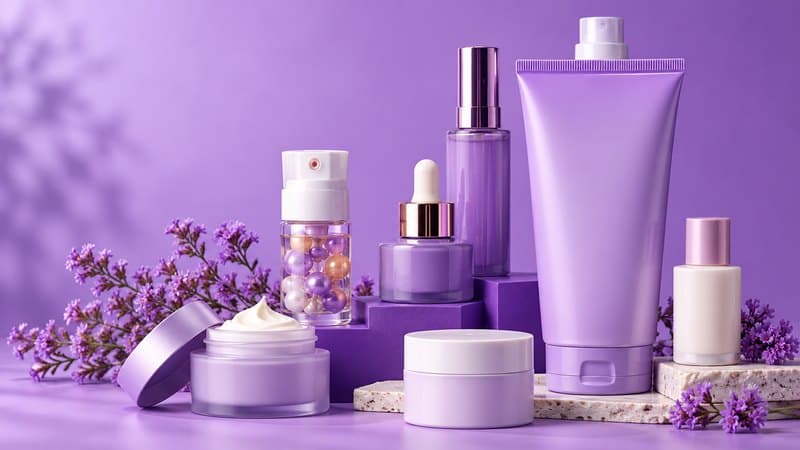 Lavender skincare bottles and jars arranged on a purple set