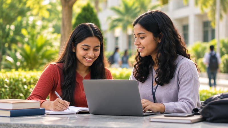 Two students smiling at a laptop at an outdoor table