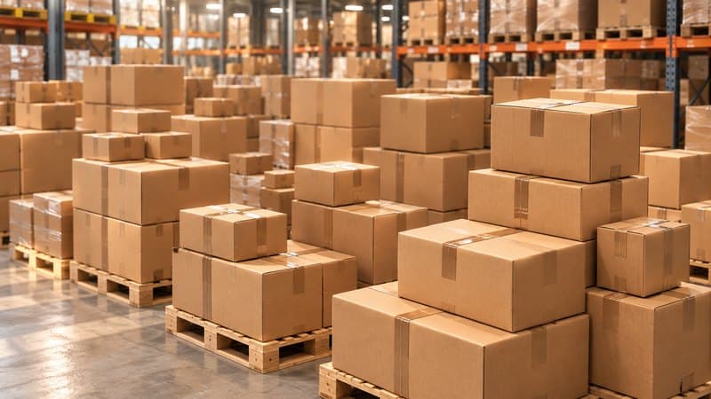 Warehouse aisles stacked with cardboard boxes