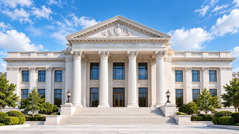 White neoclassical building with columns under a blue sky
