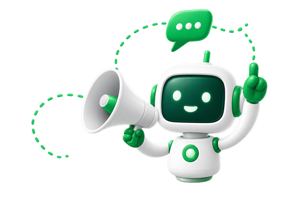Telvanta robot with a megaphone and chat bubbles