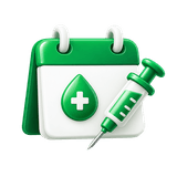 Green calendar with a blood-drop badge and a syringe