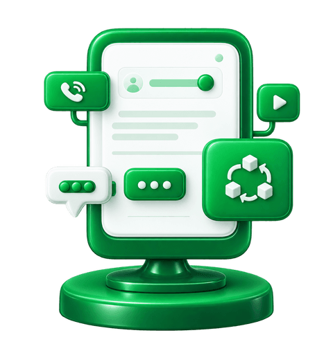 Phone on a green podium surrounded by call, chat, video and automation tiles