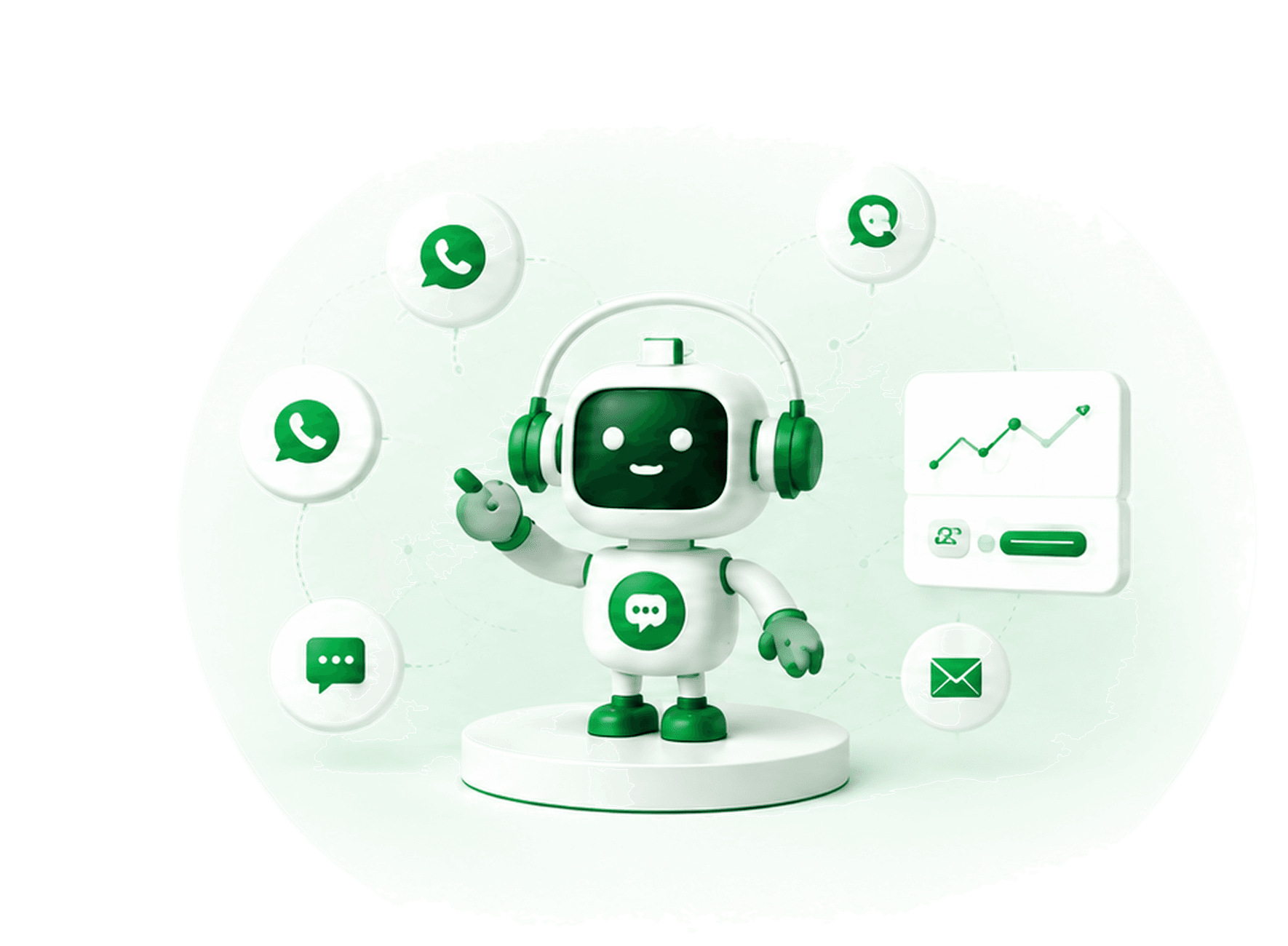 Telvanta robot on a podium inside a soft green circle, linked to floating WhatsApp, chat, email and messaging icons and an analytics card