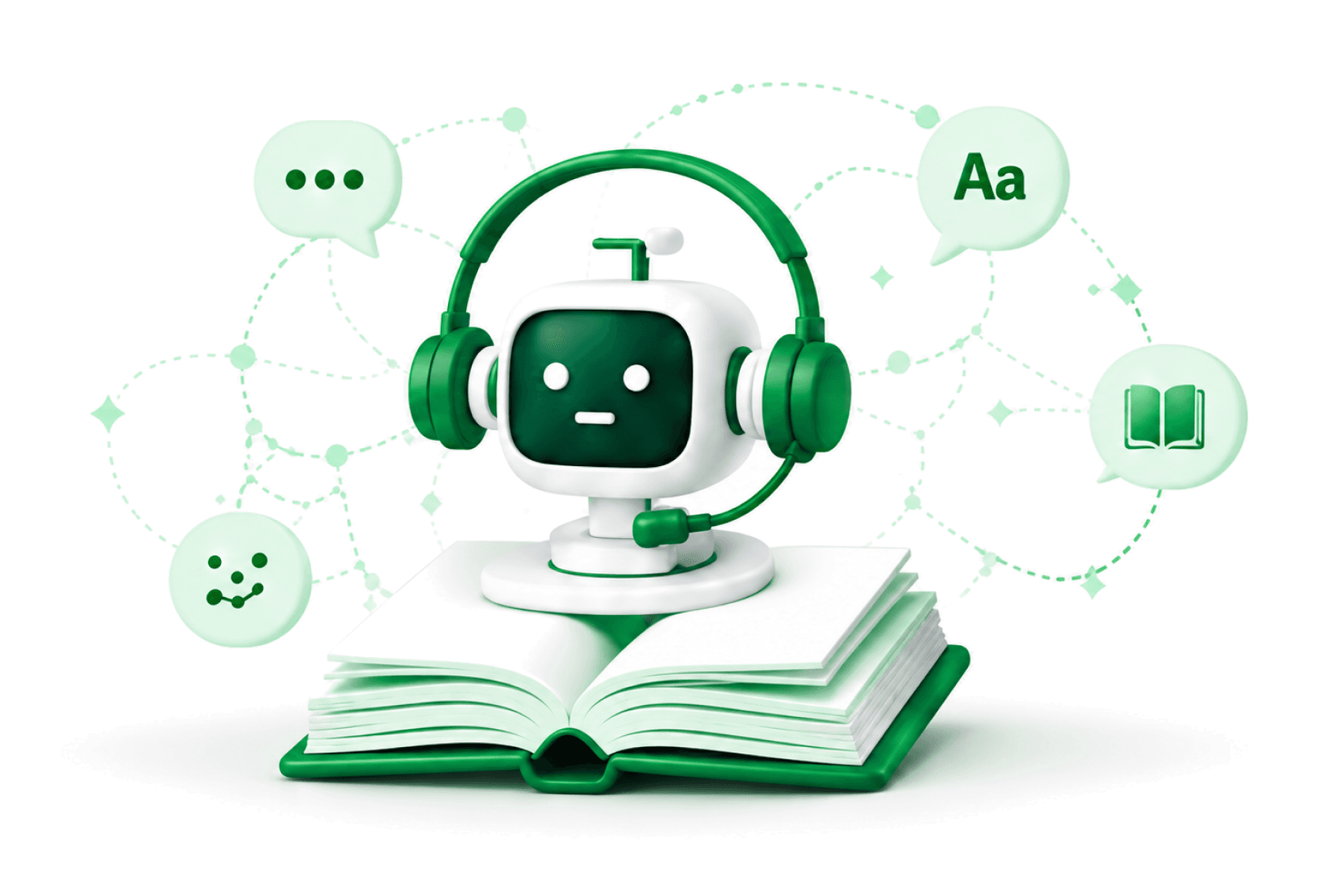 Open dictionary of communication terms with a friendly robot pointing at glossary cards for AI, voice and messaging