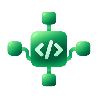 Code brackets in a rounded tile linked to four nodes