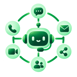 Robot surrounded by call, chat, email, video and social icons