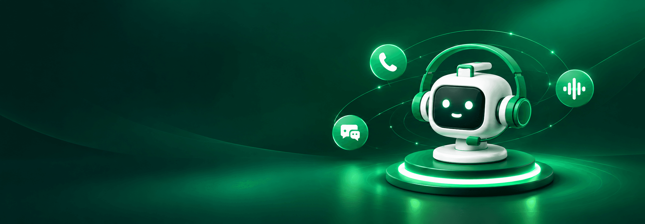 Green robot wearing headphones on a lit podium with call, chat and waveform badges