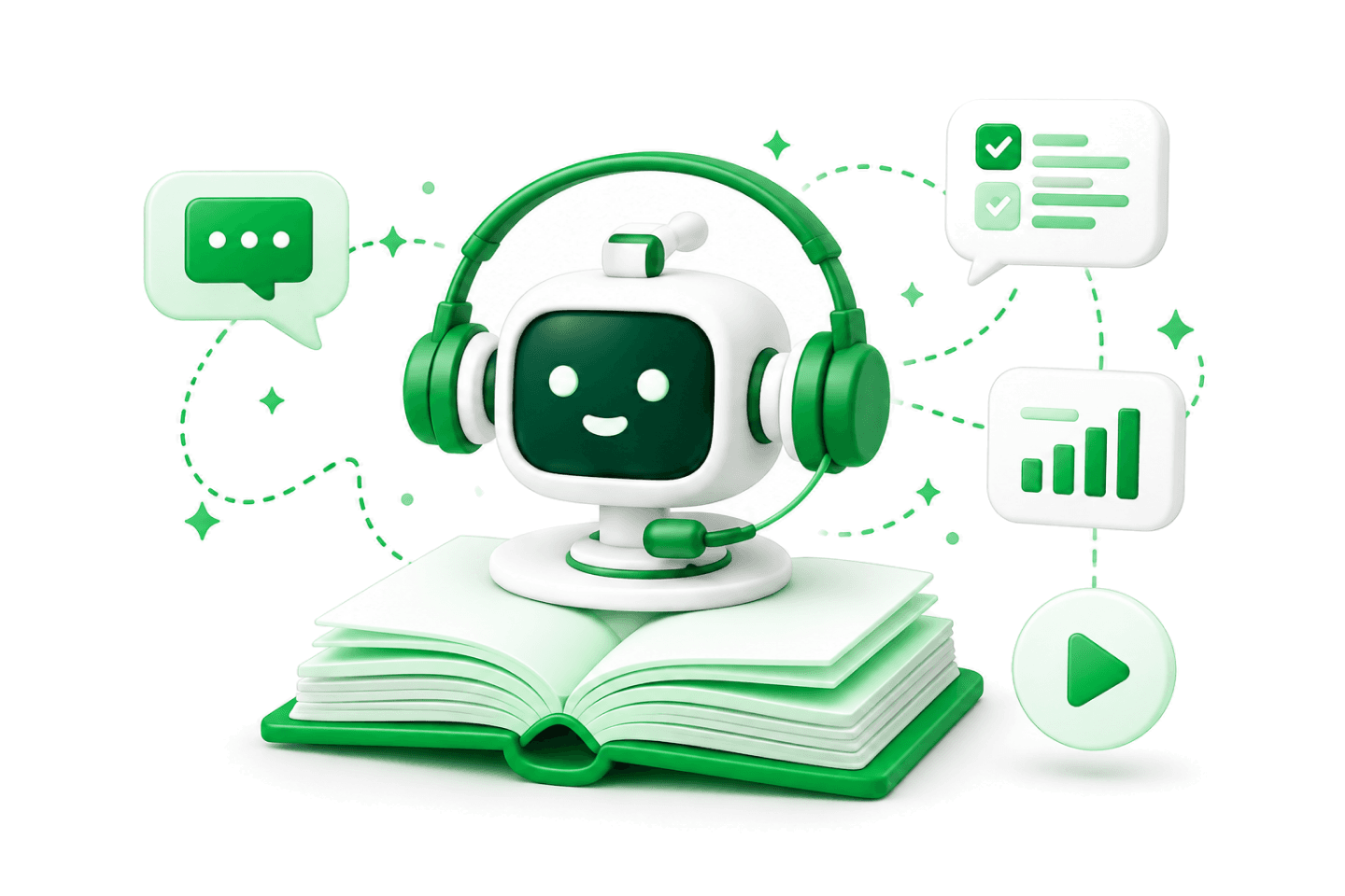 Robot reading an open guidebook surrounded by checklist, chart and playback cards