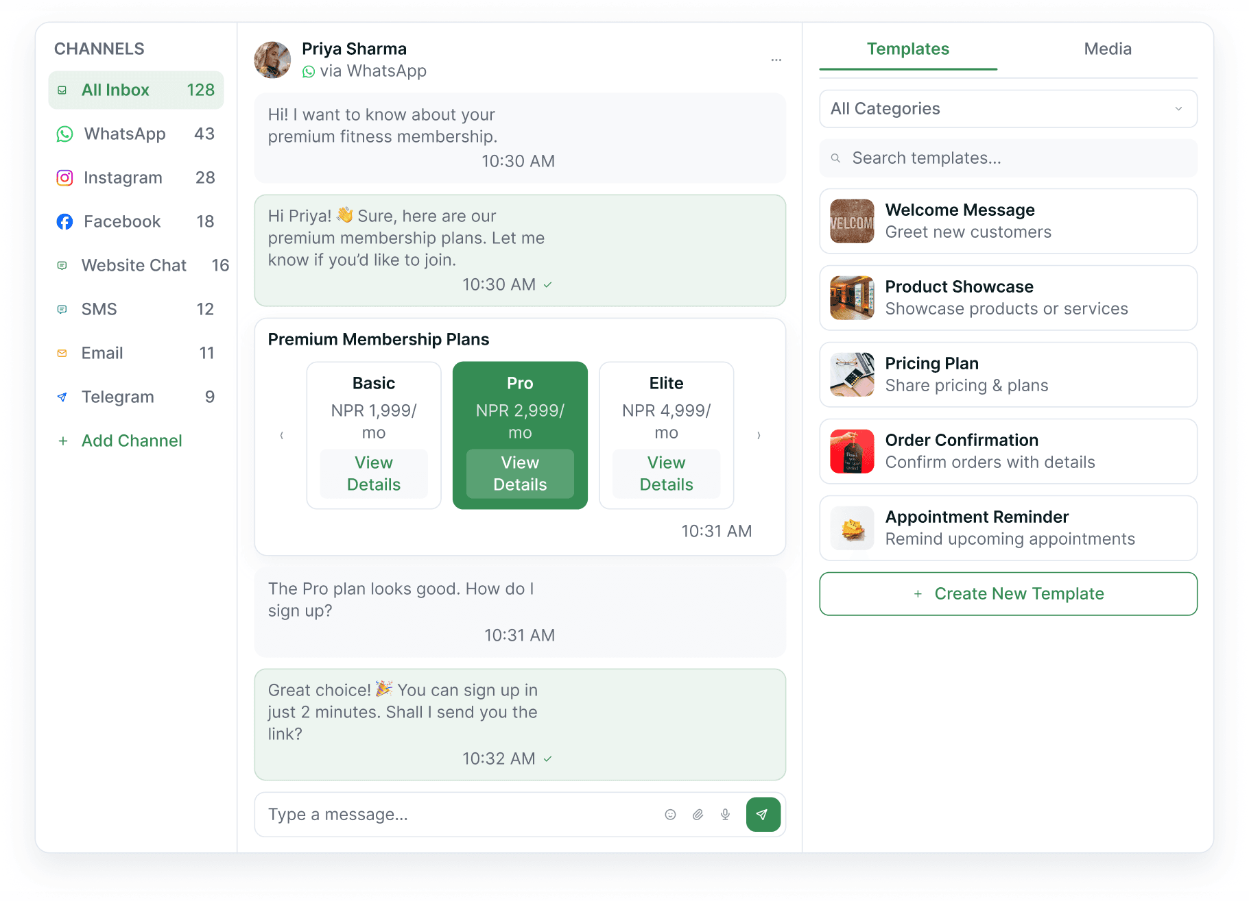 A WhatsApp conversation answering a membership question with a three-plan carousel card, beside the template library the reply was picked from.