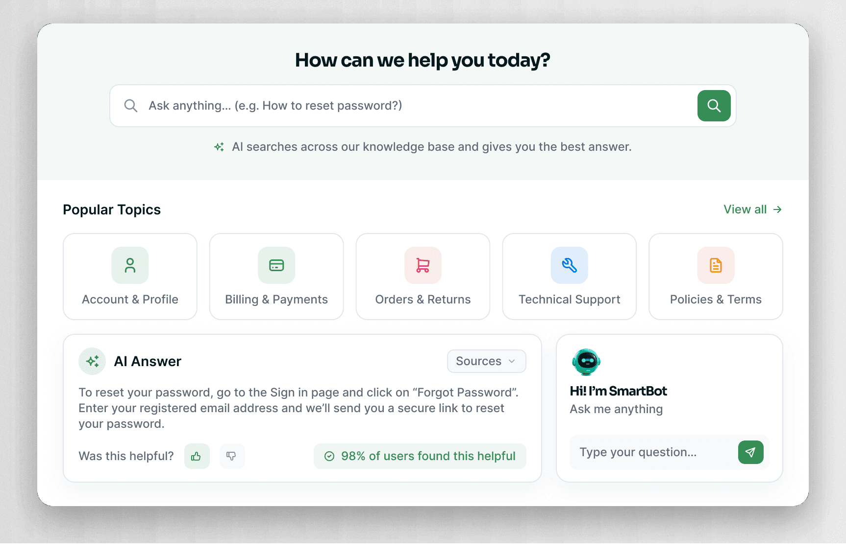 AI self-service portal with search, suggested articles and instant answers