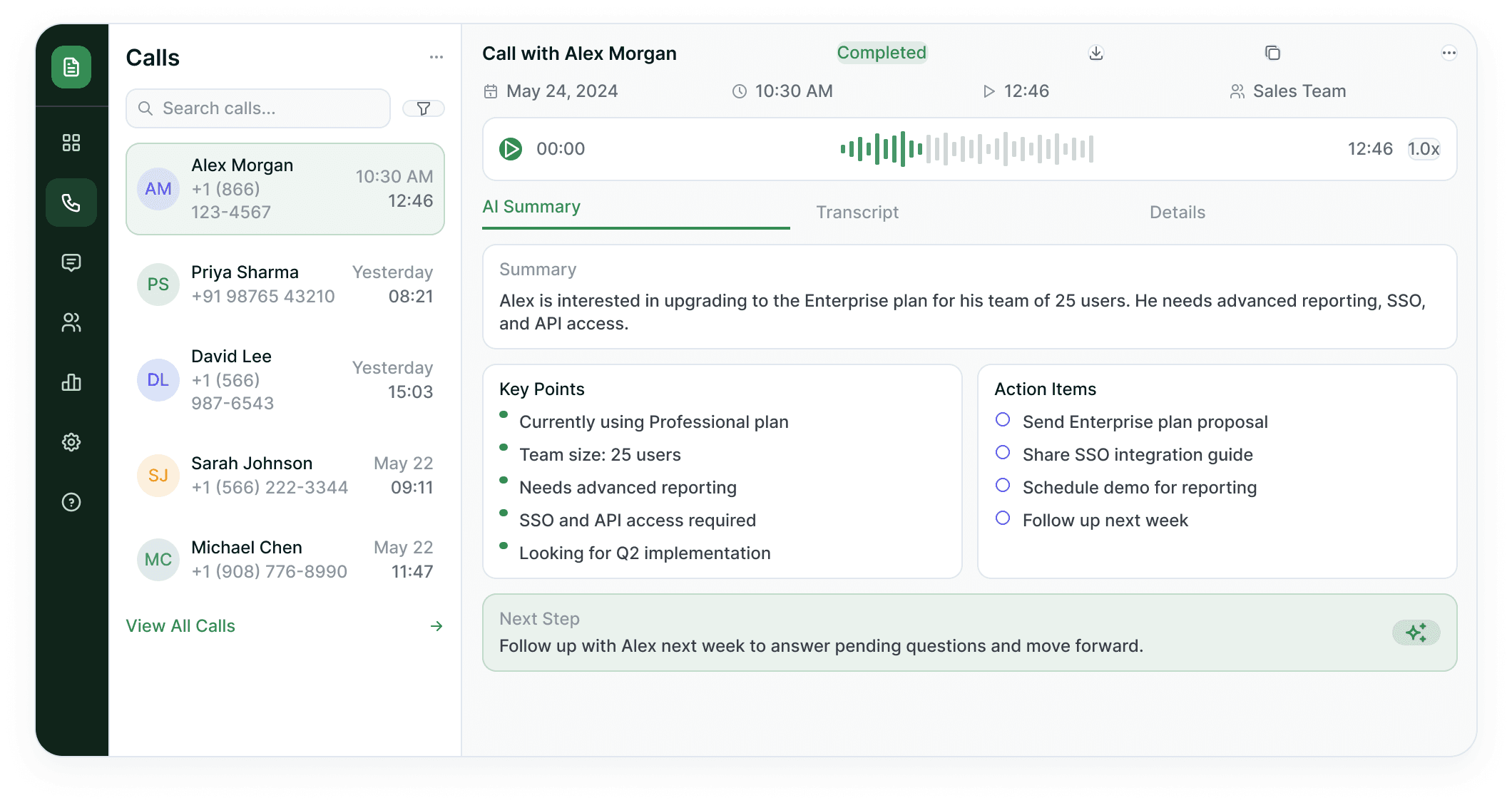 A recorded sales call in Telvanta with the AI summary, its key points and the detected action items beside the call list