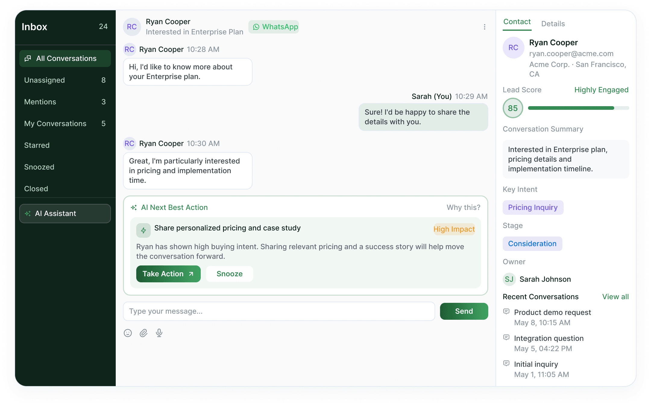 The Telvanta inbox recommending the next best action on a live enterprise-plan conversation, beside the contact's lead score and summary