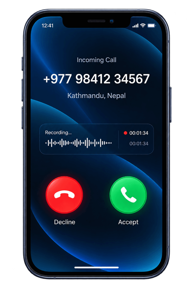 An incoming call on a phone from +977 98412 34567 in Kathmandu, Nepal, recording as it rings