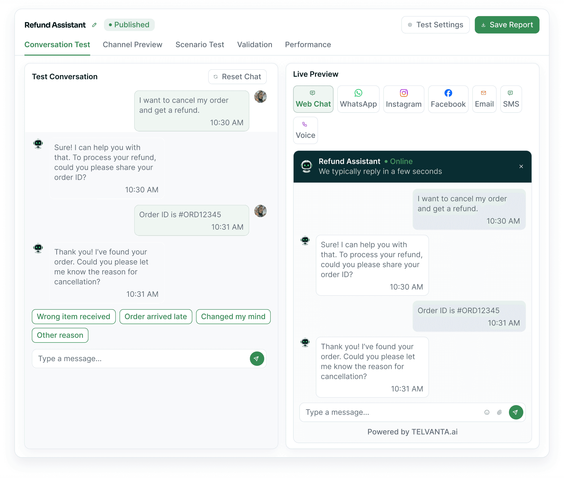 The Refund Assistant testing panel: a test conversation with quick replies beside a live web-chat preview and its channel tabs.