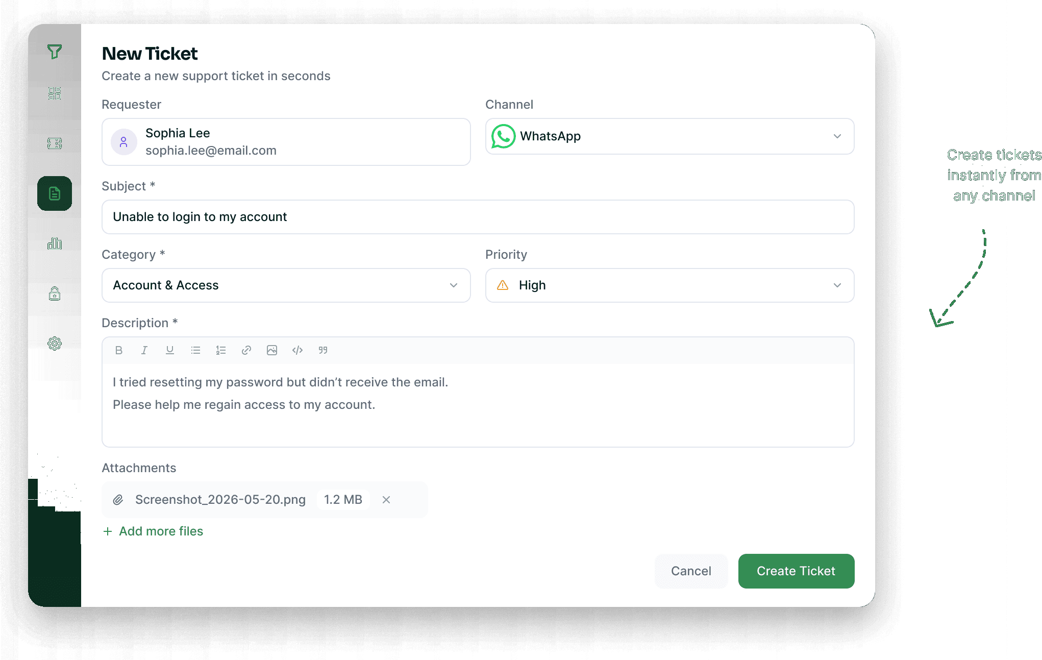 New ticket form with auto-captured customer details and suggested category