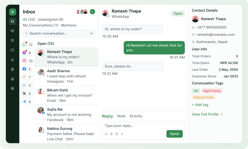 Unified inbox with the conversation list, thread and contact panel