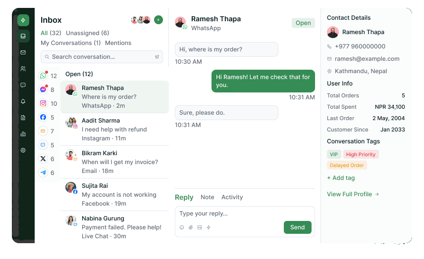 Unified inbox with conversations from WhatsApp, Instagram, email and live chat