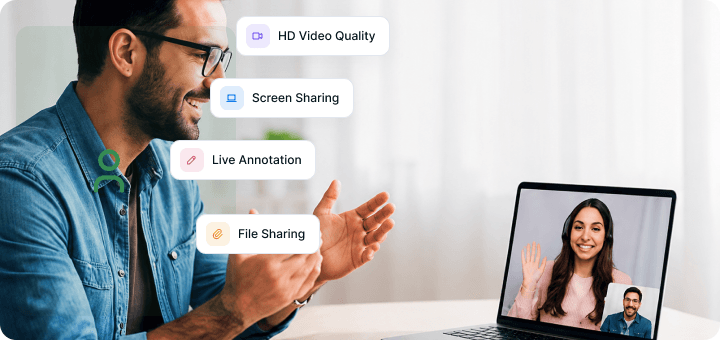 Agent and customer on a video call with screen sharing and annotations