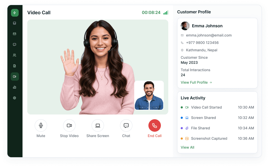 Video call workspace with call controls beside the customer profile and live activity