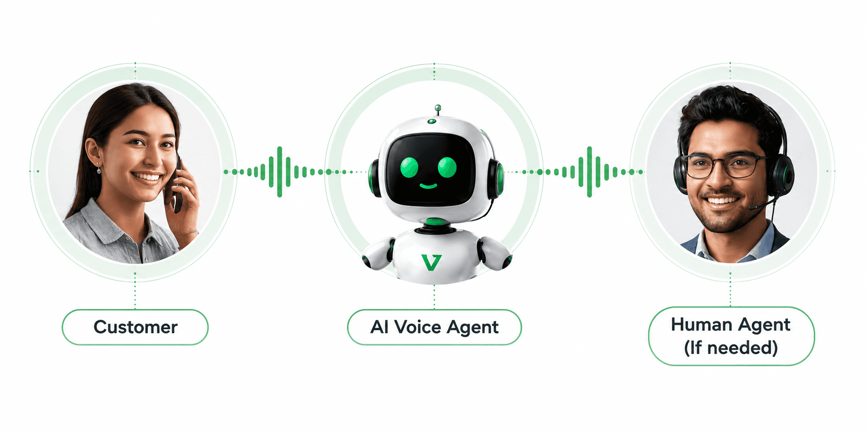 The customer, the AI voice agent and the human agent strung along one live voice trace.