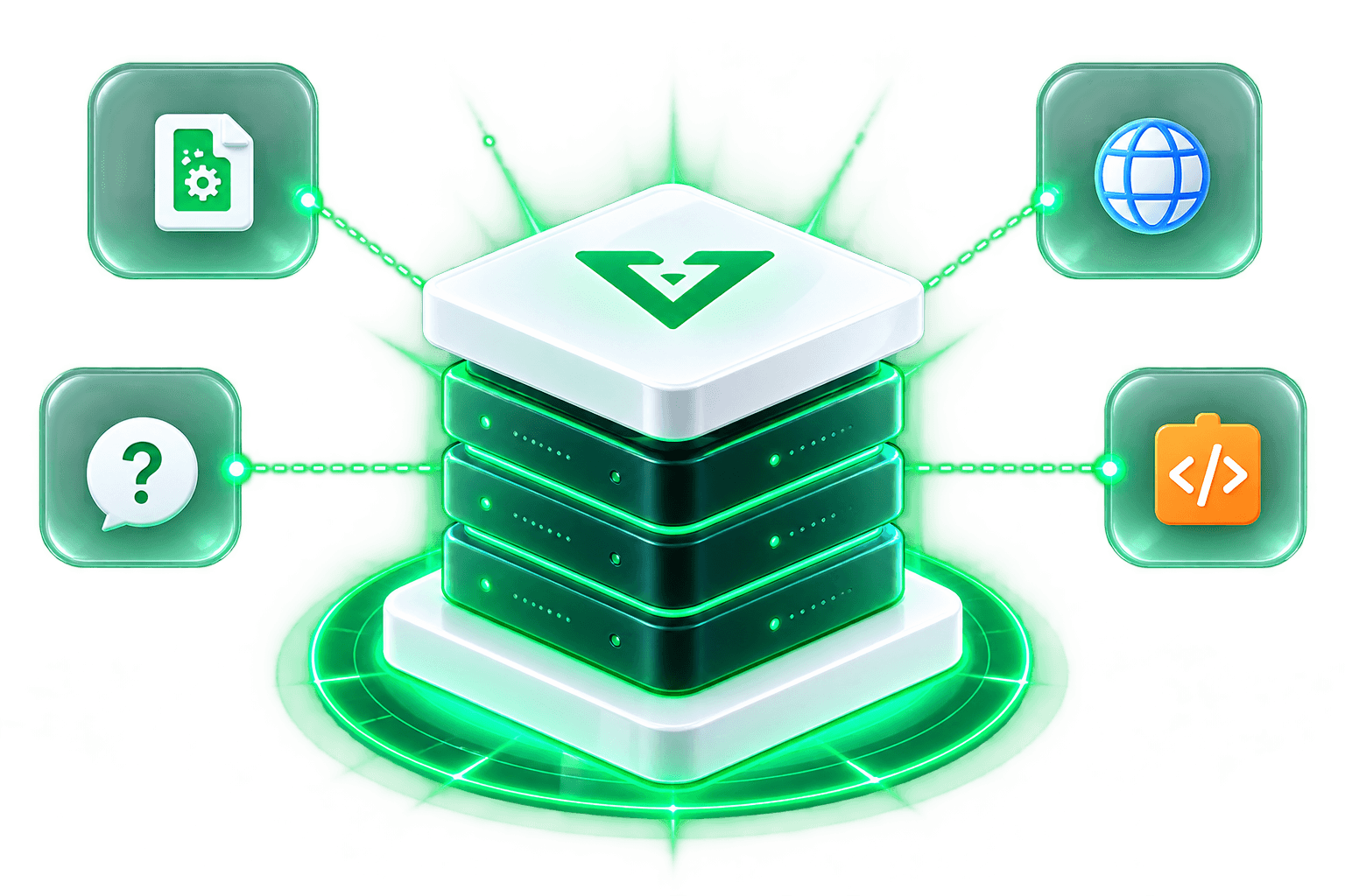 Documents, FAQs, websites and APIs feeding one indexed knowledge stack.
