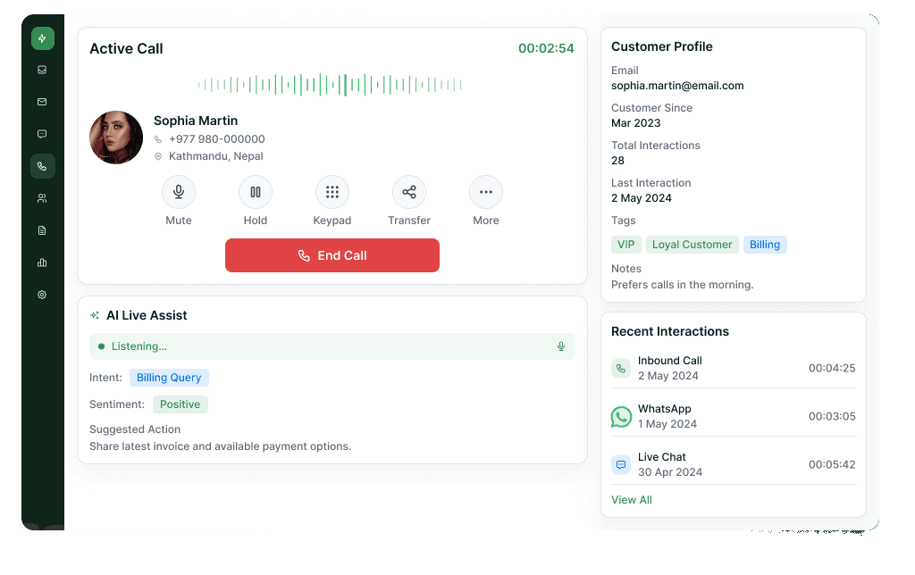 Live call screen with routing, transcript and customer context